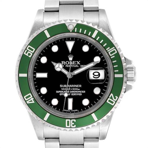 This image shows a front view of a Rolex Submariner 16610LV Men's Stainless Steel Black Dial 16610LV Men's Stainless Steel Black Dial watch featuring a green bezel and black dial with date display.