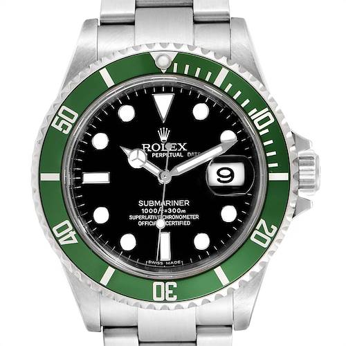 The image shows a front view of a Rolex Submariner 16610LV Men's Stainless Steel Black Dial 16610LV Men's Stainless Steel Black Dial watch featuring a green bezel, black dial, and silver bracelet.