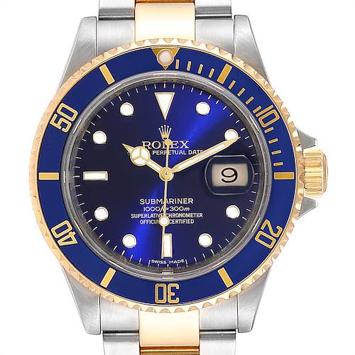 The image shows the front view of a Rolex Submariner 16613 Men's Steel and Gold (two tone) Blue Dial 16613 Men's Steel and Gold (two tone) Blue Dial watch, featuring a blue dial, gold accents, and a stainless steel and gold bracelet.
