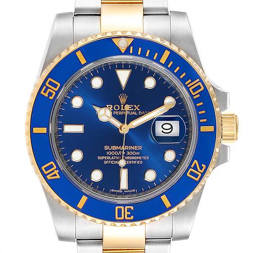 The image shows a front view of the Rolex Submariner 116613 Men's Steel and Gold (two tone) Blue Dial 116613 Men's Steel and Gold (two tone) Blue Dial watch, highlighting its blue dial, bezel, and the two-tone steel and gold bracelet.