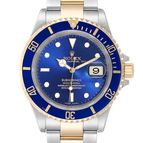 The Rolex Submariner 16613 Men's Steel and Gold (two tone) Blue Dial 16613 Men's Steel and Gold (two tone) Blue Dial watch is shown from the front, displaying its blue dial, bezel, and part of its two-tone bracelet.
