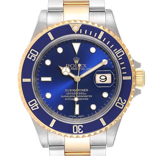 This is a front view of a Rolex Submariner 16613 Men's Steel and Gold (two tone) Blue Dial 16613 Men's Steel and Gold (two tone) Blue Dial watch, showcasing its blue and gold bezel, blue dial, and metal bracelet.
