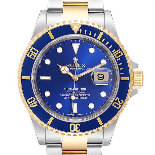 The image shows a Rolex Submariner 16613 Men's Steel and Gold (two tone) Blue Dial 16613 Men's Steel and Gold (two tone) Blue Dial watch from a frontal angle, highlighting its blue dial, gold details, and bracelet.