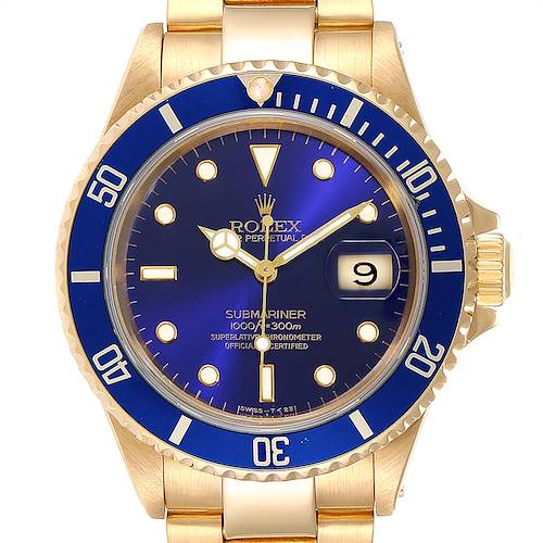This image shows a front view of the Rolex Submariner 16618 Men's Yellow Gold Blue Dial 16618 Men's Yellow Gold Blue Dial watch, highlighting its blue dial, gold case, and bezel.