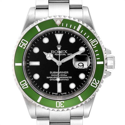 The image shows a front view of the Rolex Submariner 16610LV Men's Stainless Steel Black Dial 16610LV Men's Stainless Steel Black Dial, displaying its green bezel, black dial, date window, and stainless steel bracelet.