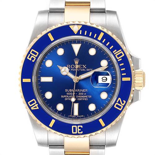The Rolex Submariner 116613 Men's Steel and Gold (two tone) Blue Dial 116613 Men's Steel and Gold (two tone) Blue Dial watch is shown from the front angle, highlighting the blue dial, bezel, and part of the bracelet.