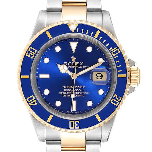 The image shows a front view of the Rolex Submariner 16613 Men's Steel and Gold (two tone) Blue Dial 16613 Men's Steel and Gold (two tone) Blue Dial watch, highlighting the dial, hands, bezel, and bracelet.