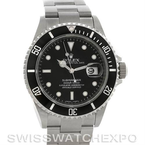 The image shows a front view of a Rolex Submariner watch, not a Cartier Ballon Bleu 16610 Women's Stainless Steel Black Dial 16610 Women's Stainless Steel Black Dial.
