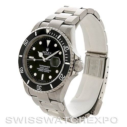 The Rolex Submariner 16610 Men's Stainless Steel Black Dial 16610 Men's Stainless Steel Black Dial watch is shown at a slight angle, displaying the bezel, dial, crown, and bracelet.