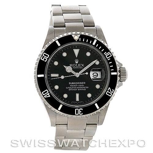 The image shows a frontal view of the Rolex Submariner 16610 Men's Stainless Steel Black Dial 16610 Men's Stainless Steel Black Dial watch, including its dial, bezel, crown, and bracelet.