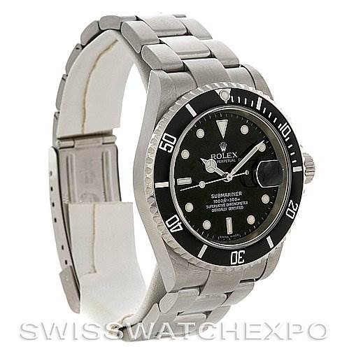 This image shows a Rolex Submariner 16610 Men's Stainless Steel Black Dial 16610 Men's Stainless Steel Black Dial watch at a three-quarter angle, highlighting the face, bezel, dial, and bracelet.