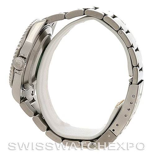 Side profile view of a Rolex Submariner 16610 Men's Stainless Steel Black Dial 16610 Men's Stainless Steel Black Dial showing the case, crown, bezel, and metal bracelet.