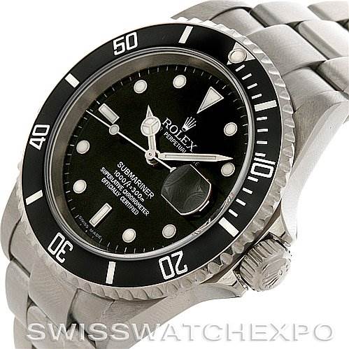 This is a side-angle view of a Rolex Submariner 16610 Men's Stainless Steel Black Dial 16610 Men's Stainless Steel Black Dial showing the dial, bezel, crown, and part of the bracelet.