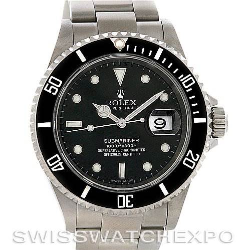 The image shows a front view of a Rolex Submariner 16610 Men's Stainless Steel Black Dial 16610 Men's Stainless Steel Black Dial watch, highlighting its dial, bezel, and stainless steel bracelet.