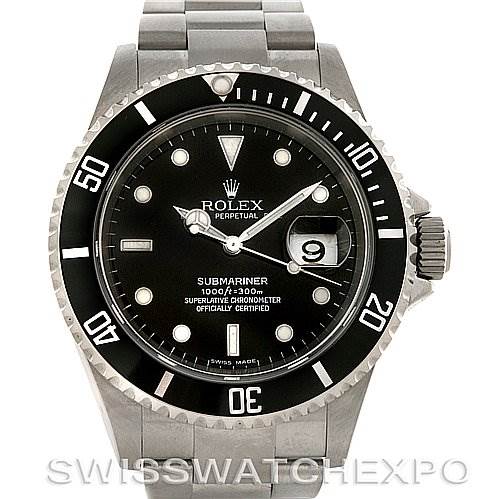 The image shows a Rolex Submariner 16610T Men's Stainless Steel Black Dial 16610T Men's Stainless Steel Black Dial watch from a front angle, highlighting its dial, bezel, and bracelet.