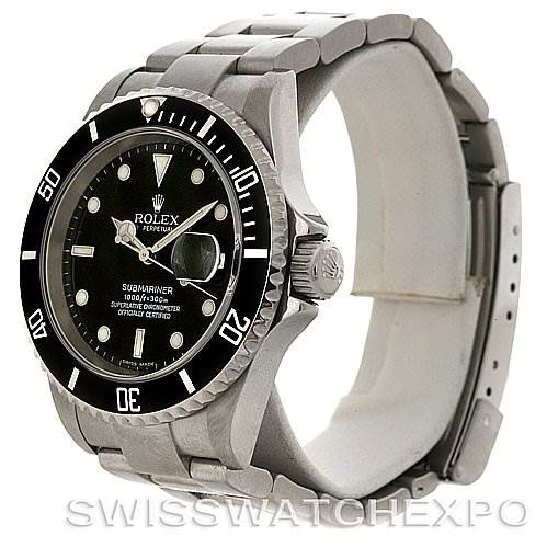 This image shows a side and angled front view of a Rolex Submariner 16610T Men's Stainless Steel Black Dial 16610T Men's Stainless Steel Black Dial, highlighting the bezel, dial, crown, and bracelet.