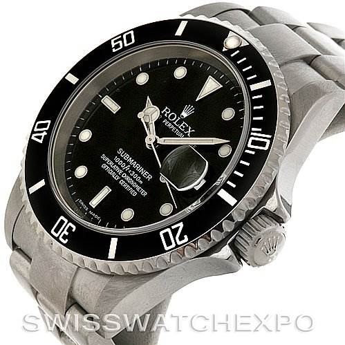 The image shows a Rolex Submariner 16610T Men's Stainless Steel Black Dial 16610T Men's Stainless Steel Black Dial watch angled to display the watch face, bezel, crown, and part of the bracelet.
