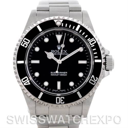 The image shows a frontal view of a Rolex Submariner watch, not the Cartier Tank Solo 14060 Men's Steel and Gold (two tone) Black Dial 14060 Men's Steel and Gold (two tone) Black Dial model.