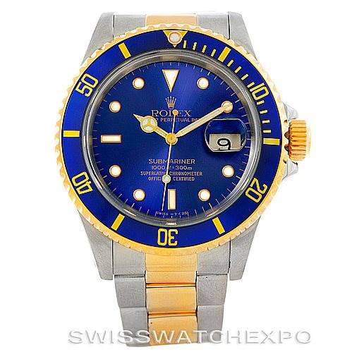 This image shows a front view of a Rolex Submariner 16613 Men's Steel and Gold (two tone) Blue Dial 16613 Men's Steel and Gold (two tone) Blue Dial watch displaying the face, bezel, crown, and bracelet.