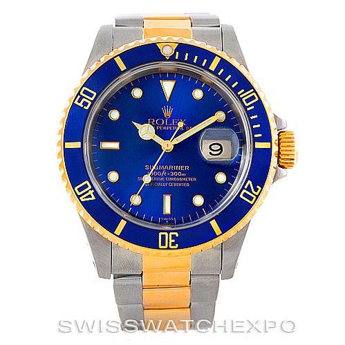 The image shows a front view of a Rolex Submariner 16613 Men's Steel and Gold (two tone) Blue Dial 16613 Men's Steel and Gold (two tone) Blue Dial watch with a blue dial, yellow gold accents, and a two-tone bracelet.