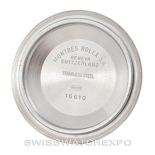 The image shows the caseback interior of a Rolex Submariner 16613 Men's Steel and Gold (two tone) Blue Dial 16613 Men's Steel and Gold (two tone) Blue Dial model 16610 watch.