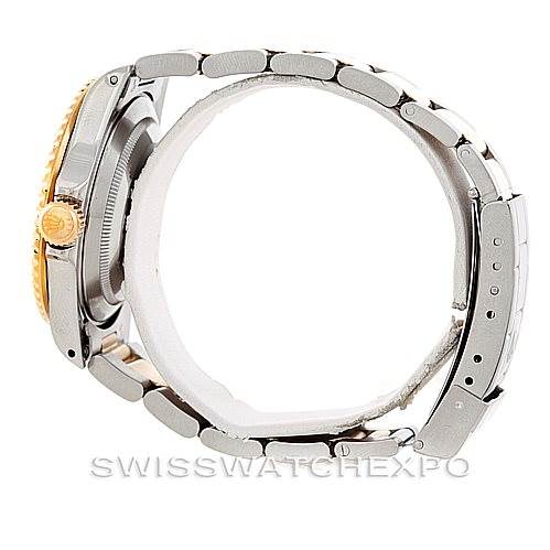 This image shows a side view of a Rolex Submariner 16613 Men's Steel and Gold (two tone) Blue Dial 16613 Men's Steel and Gold (two tone) Blue Dial watch, highlighting the crown, case, and bracelet.