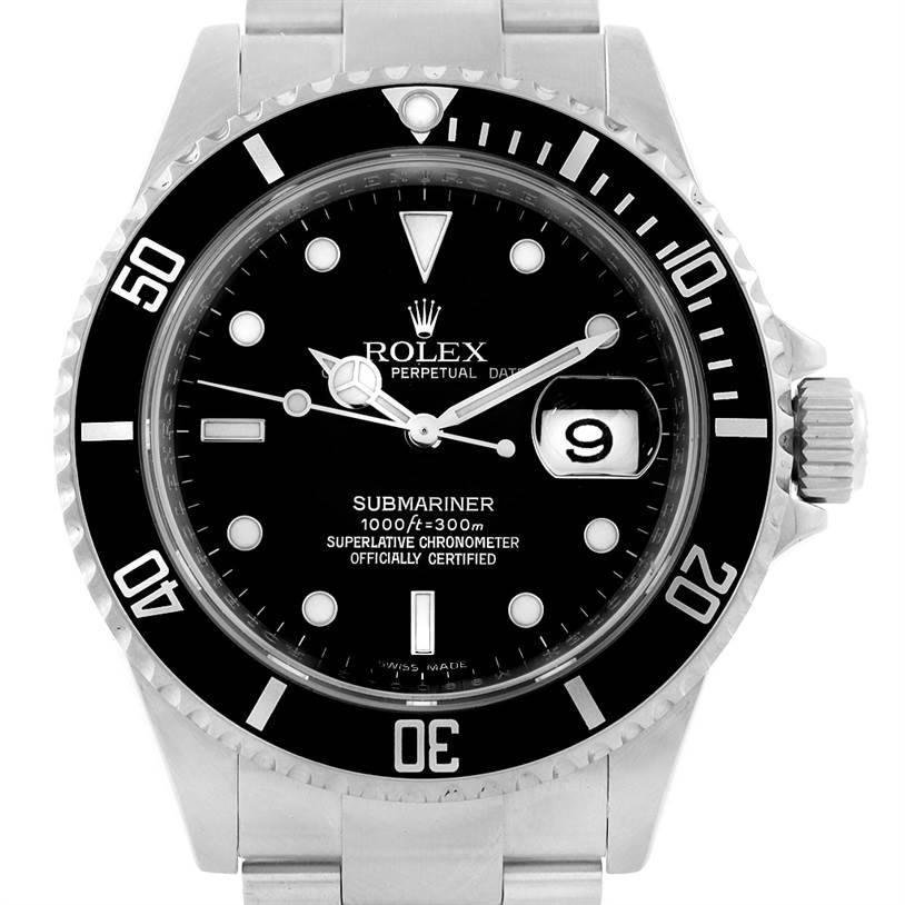 The image shows a front view of a Rolex Submariner 16610 Men's Stainless Steel Black Dial 16610 Men's Stainless Steel Black Dial watch, highlighting its bezel, dial, hands, and date window.