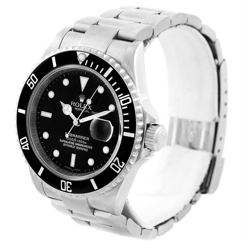 This image shows a Rolex Submariner 16610 Men's Stainless Steel Black Dial 16610 Men's Stainless Steel Black Dial watch at a front-side angle, highlighting the bezel, dial, crown, and bracelet.