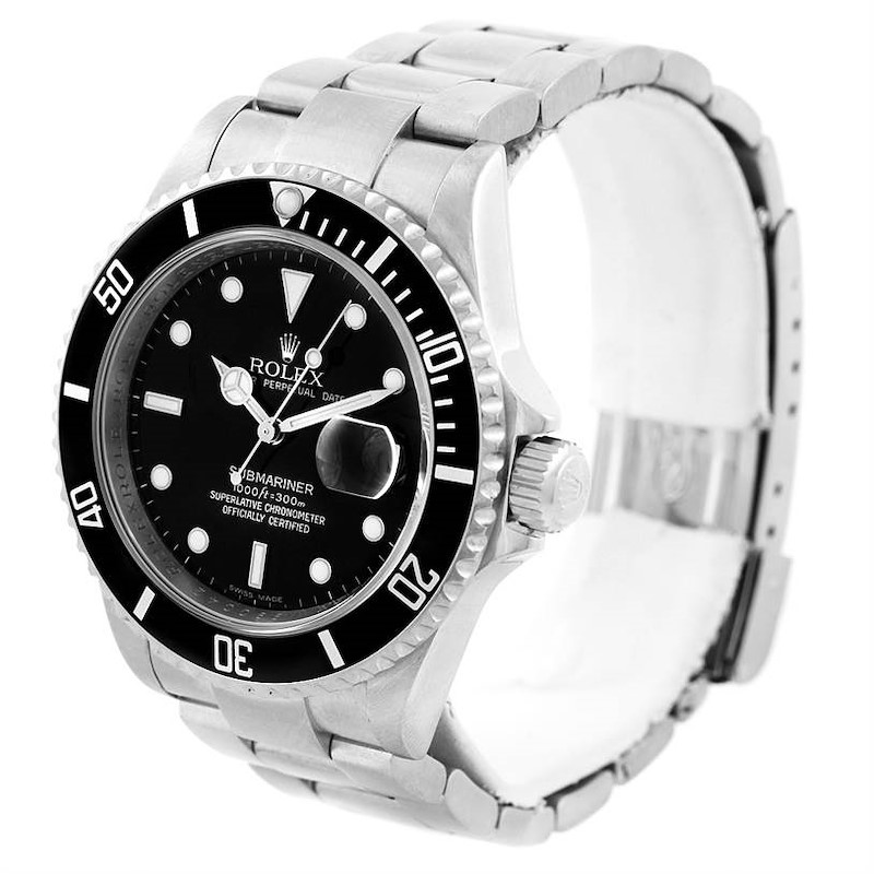 This image shows a Rolex Submariner 16610 Men's Stainless Steel Black Dial 16610 Men's Stainless Steel Black Dial watch at a front-side angle, highlighting the bezel, dial, crown, and bracelet.