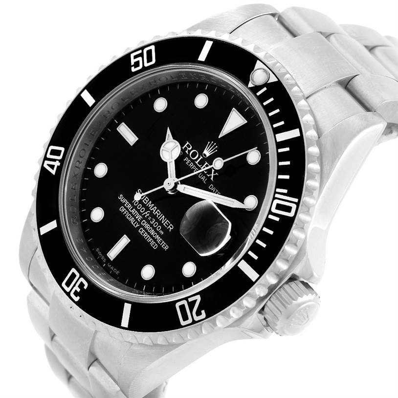 The image shows a Rolex Submariner 16610 Men's Stainless Steel Black Dial 16610 Men's Stainless Steel Black Dial watch at a slightly tilted angle, highlighting the face, bezel, and bracelet.
