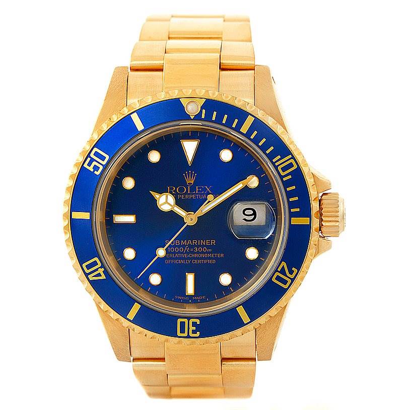 This Rolex Submariner 16618 Men's Yellow Gold Blue Dial 16618 Men's Yellow Gold Blue Dial watch is shown from a front angle, highlighting its face, bezel, crown, and bracelet.
