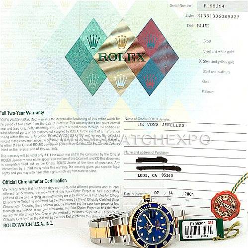 The image shows a Rolex Submariner 16613 Men's Steel and Gold (two tone) Blue Dial 16613 Men's Steel and Gold (two tone) Blue Dial watch and its accessories, including the warranty card, tags, and certification documents.
