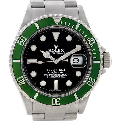 The image shows a front view of a Rolex Submariner 16610 Men's Stainless Steel Black Dial 16610 Men's Stainless Steel Black Dial watch, highlighting the green bezel, black dial, and date window.