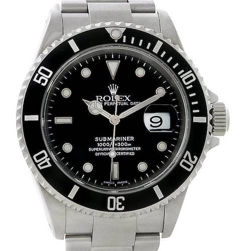 This is a frontal view of a Rolex Submariner 16610 Men's Stainless Steel Black Dial 16610 Men's Stainless Steel Black Dial watch, displaying the dial, bezel, date window, and part of the bracelet.