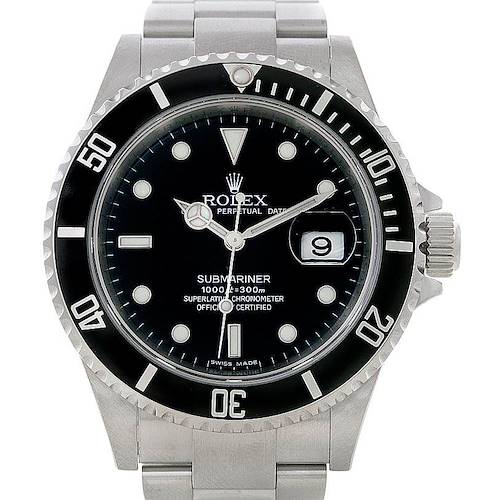 The image shows a front view of a Rolex Submariner 16610 Men's Stainless Steel Black Dial 16610 Men's Stainless Steel Black Dial watch, featuring its bezel, dial, hands, crown, and bracelet.