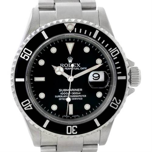 The image shows a front view of a Rolex Submariner 16610 Men's Stainless Steel Black Dial 16610 Men's Stainless Steel Black Dial watch, highlighting the dial, bezel, and bracelet.