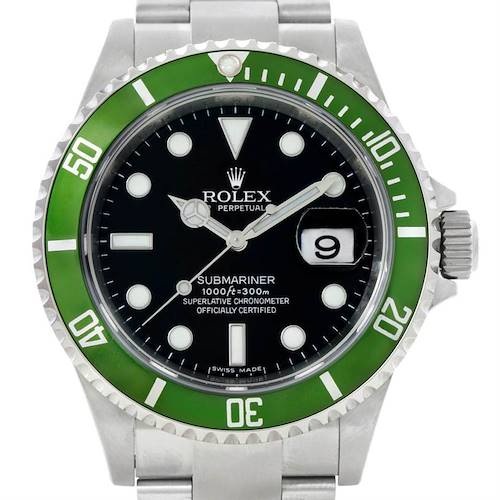 The image shows a front view of a Rolex Submariner 16610 Men's Stainless Steel Black Dial 16610 Men's Stainless Steel Black Dial watch, highlighting its green bezel, black dial, and date window.