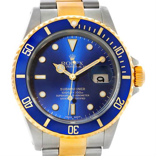 The Rolex Submariner 16613 Men's Steel and Gold (two tone) Blue Dial 16613 Men's Steel and Gold (two tone) Blue Dial watch is shown from a front angle, displaying its blue dial, gold accents, and metal band.