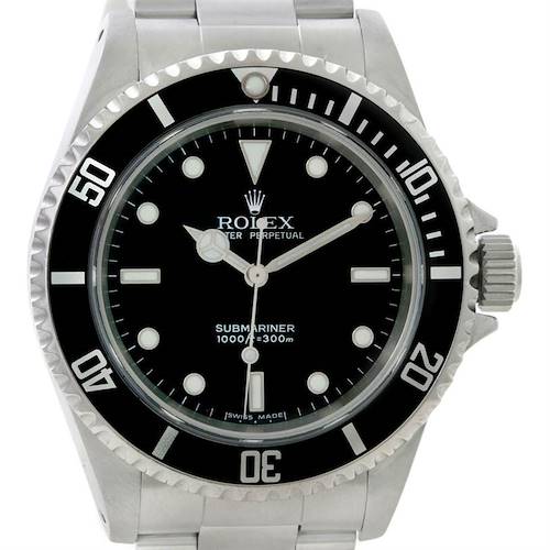 This image shows a front view of a Rolex Submariner 14060 Men's Stainless Steel Black Dial 14060 Men's Stainless Steel Black Dial watch, displaying the dial, bezel, and part of the bracelet.