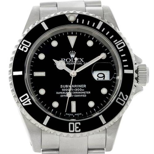The image shows a frontal view of the Rolex Submariner 16610 Men's Stainless Steel Black Dial 16610 Men's Stainless Steel Black Dial watch, highlighting its dial, bezel, and part of the bracelet.