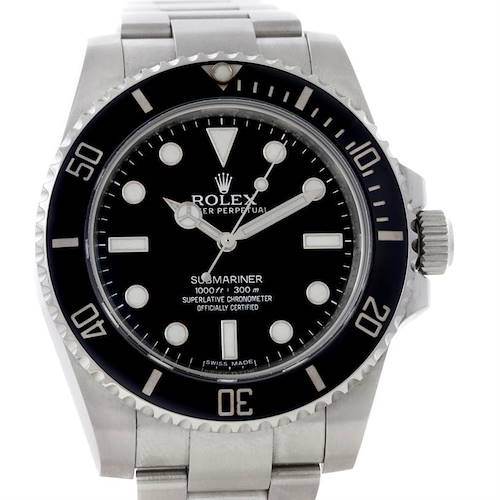 The image shows a front view of a Rolex Submariner 114060 Men's Stainless Steel Black Dial 114060 Men's Stainless Steel Black Dial watch, highlighting its black dial, bezel, and stainless steel bracelet.