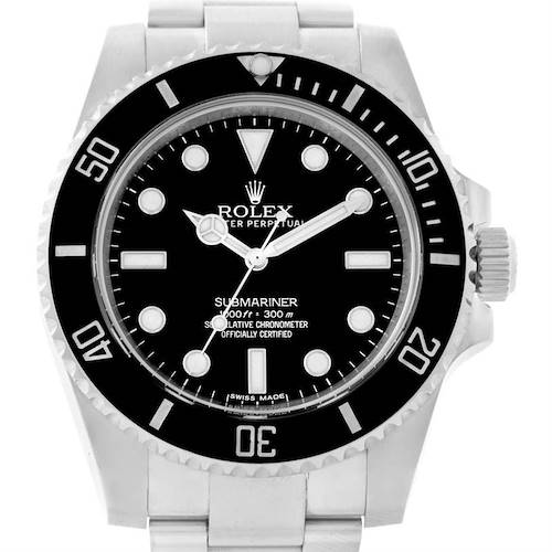 The image shows a frontal view of a Rolex Submariner 114060 Men's Stainless Steel Black Dial 114060 Men's Stainless Steel Black Dial watch, highlighting its dial, bezel, and bracelet partially.