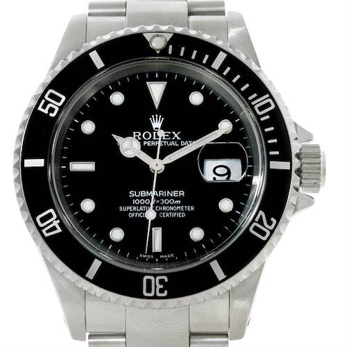 The image shows a front view of a Rolex Submariner 16610 Men's Stainless Steel Black Dial 16610 Men's Stainless Steel Black Dial watch displaying the dial, bezel, and part of the bracelet.