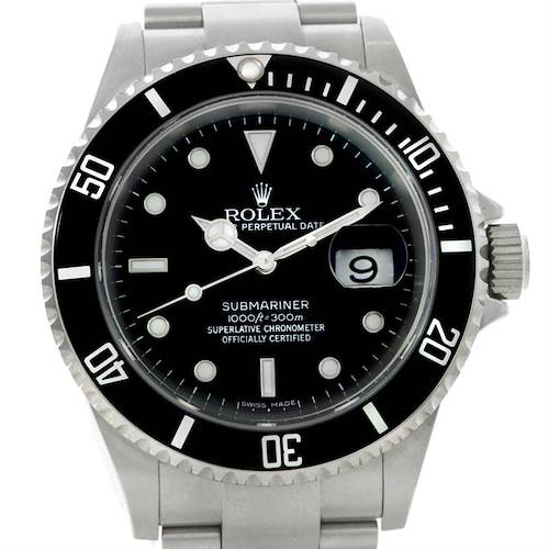 The image shows a frontal view of a Rolex Submariner 16610 Men's Stainless Steel Black Dial 16610 Men's Stainless Steel Black Dial watch, highlighting the bezel, dial, date window, and bracelet.