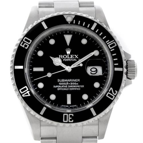 The image shows a front view of the Rolex Submariner 16610 Men's Stainless Steel Black Dial 16610 Men's Stainless Steel Black Dial watch, highlighting its black dial, bezel, and stainless steel bracelet.