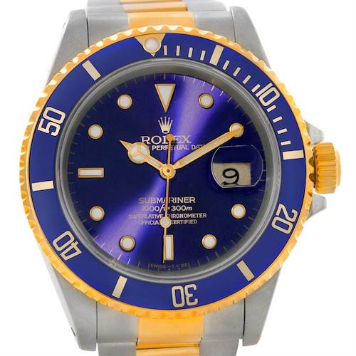 This image shows a front angle view of the Rolex Submariner 16613 Men's Steel and Gold (two tone) Blue Dial 16613 Men's Steel and Gold (two tone) Blue Dial watch, highlighting its face, bezel, crown, and part of the bracelet.