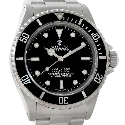 The image shows a front view of a Rolex Submariner 14060 Men's Stainless Steel Black Dial 14060 Men's Stainless Steel Black Dial watch including its black dial, bezel, crown, and part of the stainless steel bracelet.