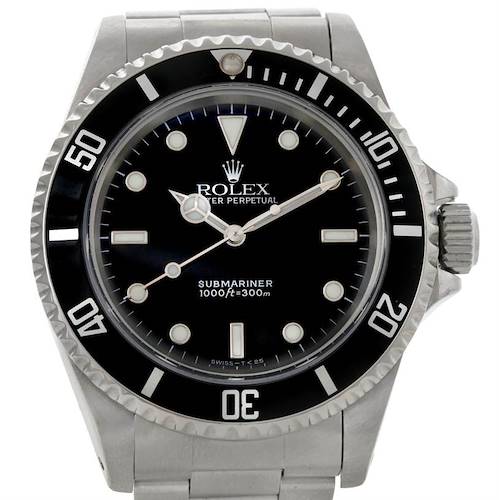 The image shows a front view of the Rolex Submariner 14060 Men's Stainless Steel Black Dial 14060 Men's Stainless Steel Black Dial watch, displaying the dial, bezel, hands, and bracelet.