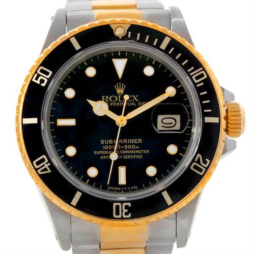 This image shows a front view of a Rolex Submariner 16803 Men's Steel and Gold (two tone) Black Dial 16803 Men's Steel and Gold (two tone) Black Dial watch, highlighting its black dial, gold bezel, date display, and two-tone bracelet.
