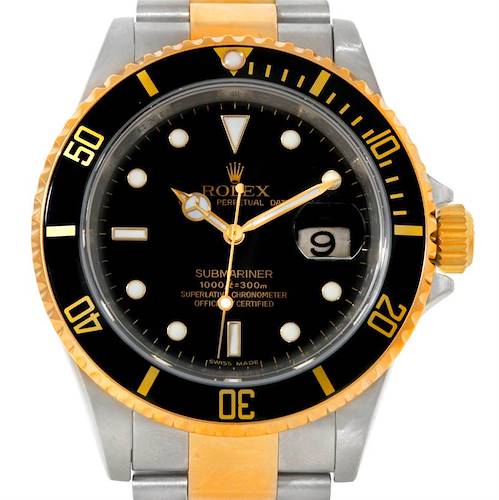 The image shows a front view of a Rolex Submariner 16613 Men's Steel and Gold (two tone) Black Dial 16613 Men's Steel and Gold (two tone) Black Dial watch, highlighting the black dial, bezel, and part of the bracelet.